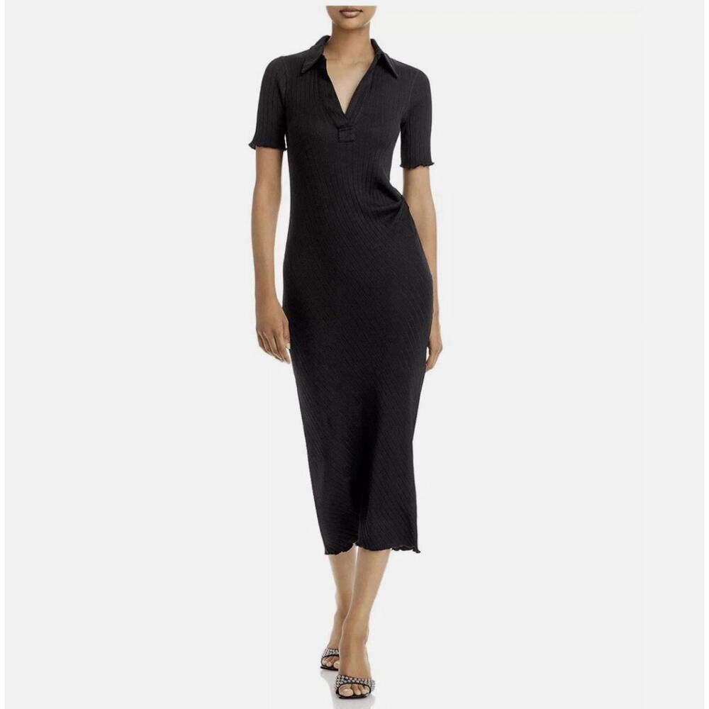 Helmut Lang Black Ribbed V-Neck Polo Maxi Dress | Minimalist Cotton‎ Bodycon, M